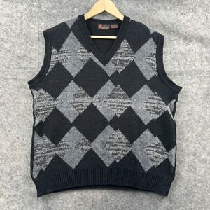 Bronzini Sweater Vest Mens Large Black Gray Argyle Merino Wool Mohair Grandpa